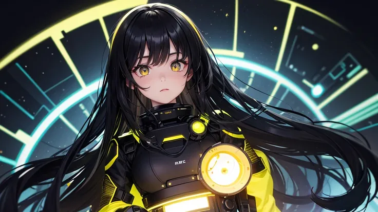 from future intelligence, technology background, complex mission, sudden mystery, unexpected result, unknown variables, strange data, confident look, space black pioneer dress, yellow eyes, black hair