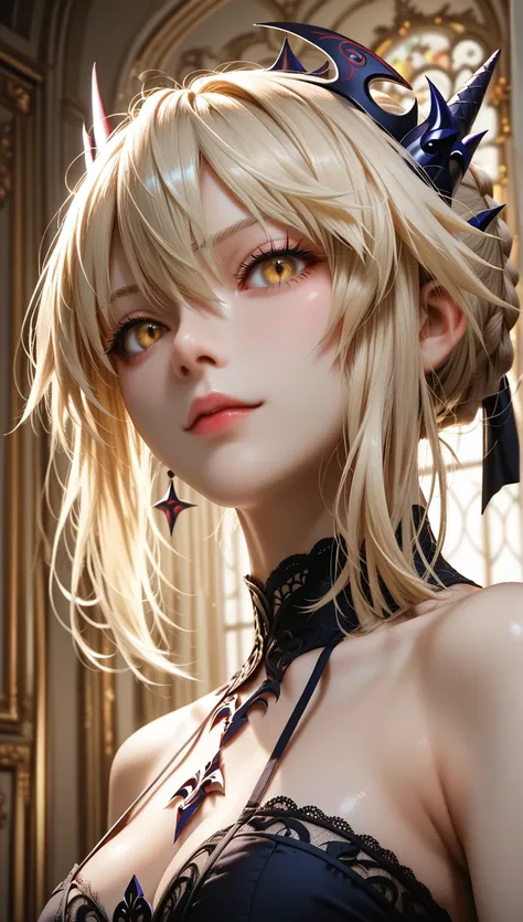 masterpiece,best quality,amazing quality,very aesthetic,absurdres,newest,1girl, artoria pendragon alter fate、Fate/Grand Order、Golden Eyes、 blond hair,from_below,