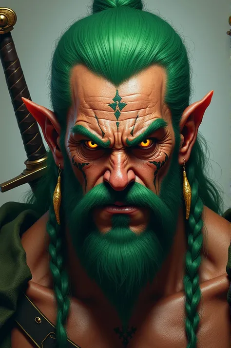 This image depicts a powerful character with striking green hair, intense eyes, and facial scars that emphasize a fierce and determined expression. He wears golden, elongated earrings and has swords positioned behind him, suggesting he is a formidable warr...