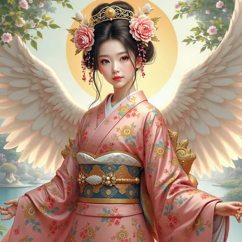 A beautiful angel wearing a Japanese kimono