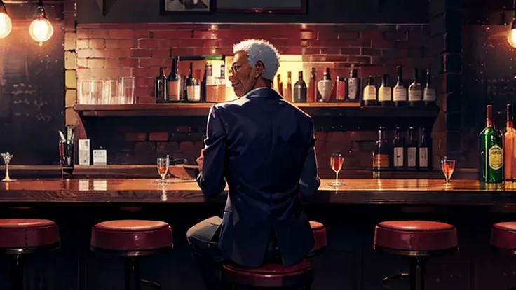 arafed man Sitting at the bar  with a cigar in his mouth,Morgan Freeman as gordon freeman, Deep Thoughts, Sitting at the bar サックスを演奏しています, Morgan Freeman, sitting alone at a bar, portrait of Morgan Freeman, Sitting at the bar ,  high quality screenshot , T...