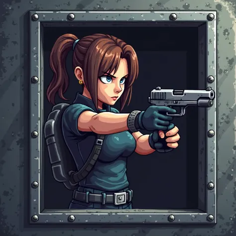 Design 8-bit female pixel art character in Resident Evil style, In perspective 3/4,  Chest up , looking to the right, with gun in hand, in attack pose, inside a metallic frame with steel texture .