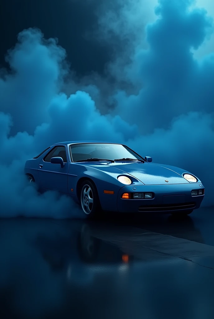 A blue Porsche 928 There should be dark blue clouds of smoke in the background