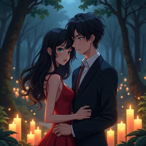   A girl with extraordinary beauty  ,  black hair with salon waves and blue eyes ,  wearing a red dress highlighted on his body , in the woods with candles ,  with a boy of about 20 years old , high, with shoulder-length black hair,  with short bangs and s...