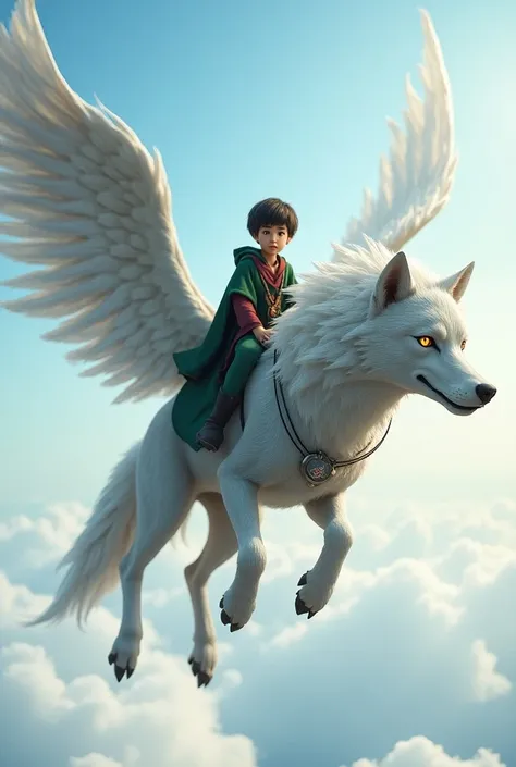  A boy with short black hair who in about  green robes with Maron and wears a pocket watch around his neck like a necklace on top of a 2-meter wolf with silver fur and wings are the same color as the fur of the silver wolf and the boy is on top of him like...