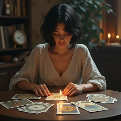 Holistic woman with short black hair with cards on the table