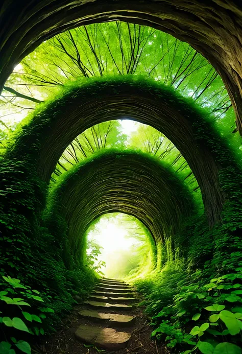 Full view green focused on smoky golden glow dynamic low angle ultra wide angle fisheye view A natural tunnel through dense vines overgrown with moss,  Light particles in a lush green forest Spotted sunlight through the leaves Golden glow through the leave...