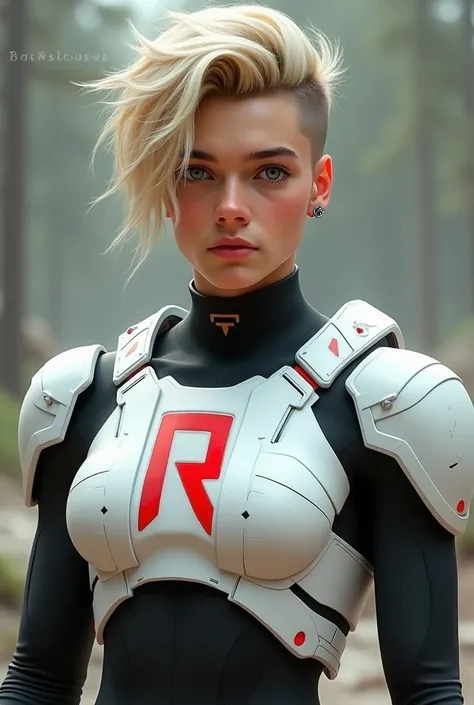 1 Male, 20 years old, wearing white crop top armor with a red R on it over a black body suit. green eyes, short blonde hair, van dyke facial hair.