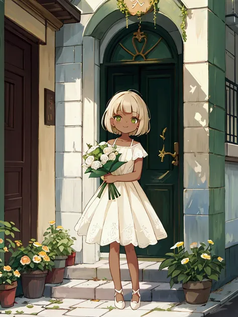 Daytime, bright sunlight, anatomically correct, high resolution on down,１ girls, short hair while standing, pale beige hair ,Green Eyes,glowing eyes , dark brown skin , white dress,Holding a bouquet,In the town,Standing on the sidewalk,smile,Wink, looking ...