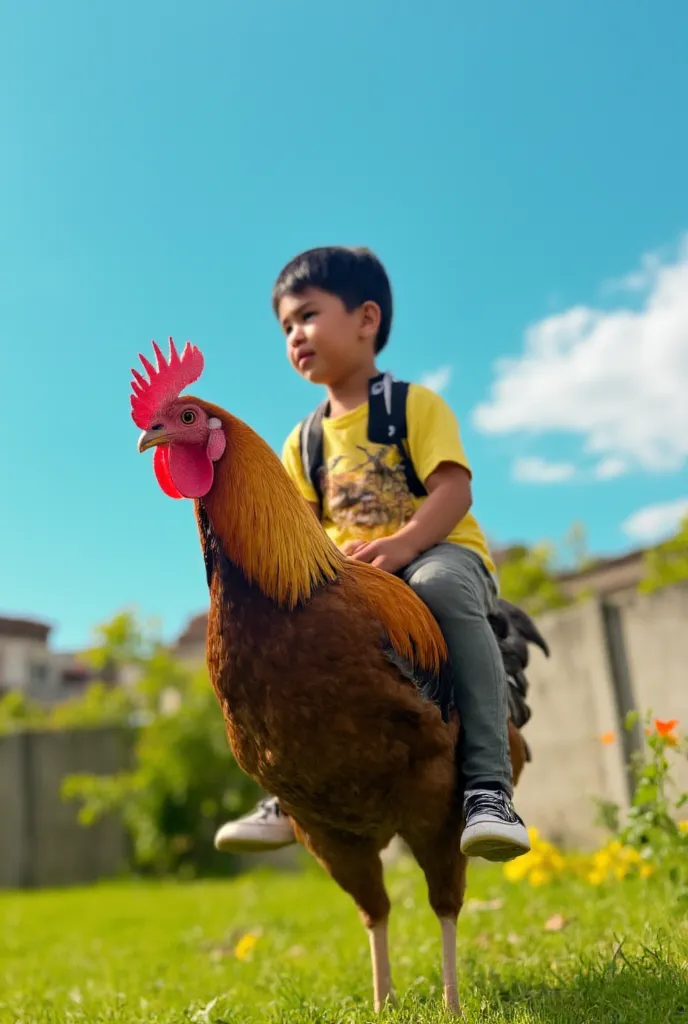 a young indonesian boy aged s, handsome, neat black hair, wearing casual clothes, sneakers, riding a rooster in a garden with gr...