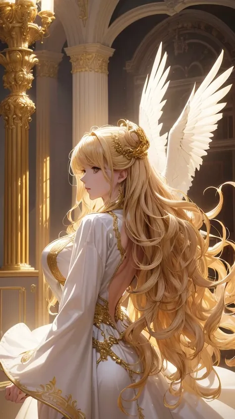 8k ⒉ 5D Real Anime Girl Style wavy hair, gold hair ornament, white translucent dress with gold run embroidery, large bird of prey golden wings growing from back to side, standing pose, deep reflection by side dramatic lighting, interior setting, fantastic ...