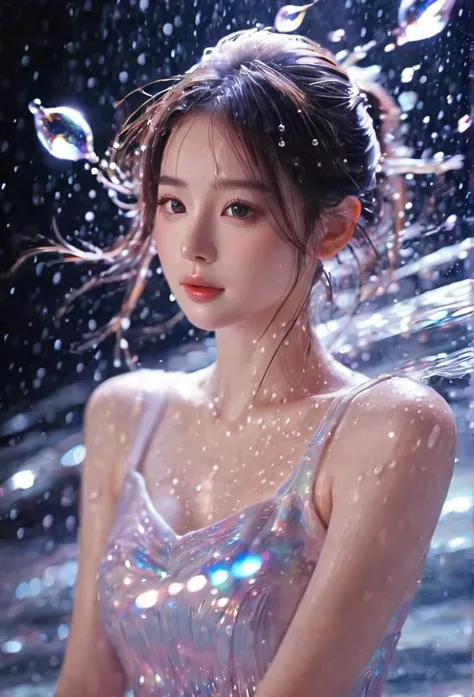 1girl，beautiful，blingbling，Motion blurred，water droplets，Movie-level lighting effects