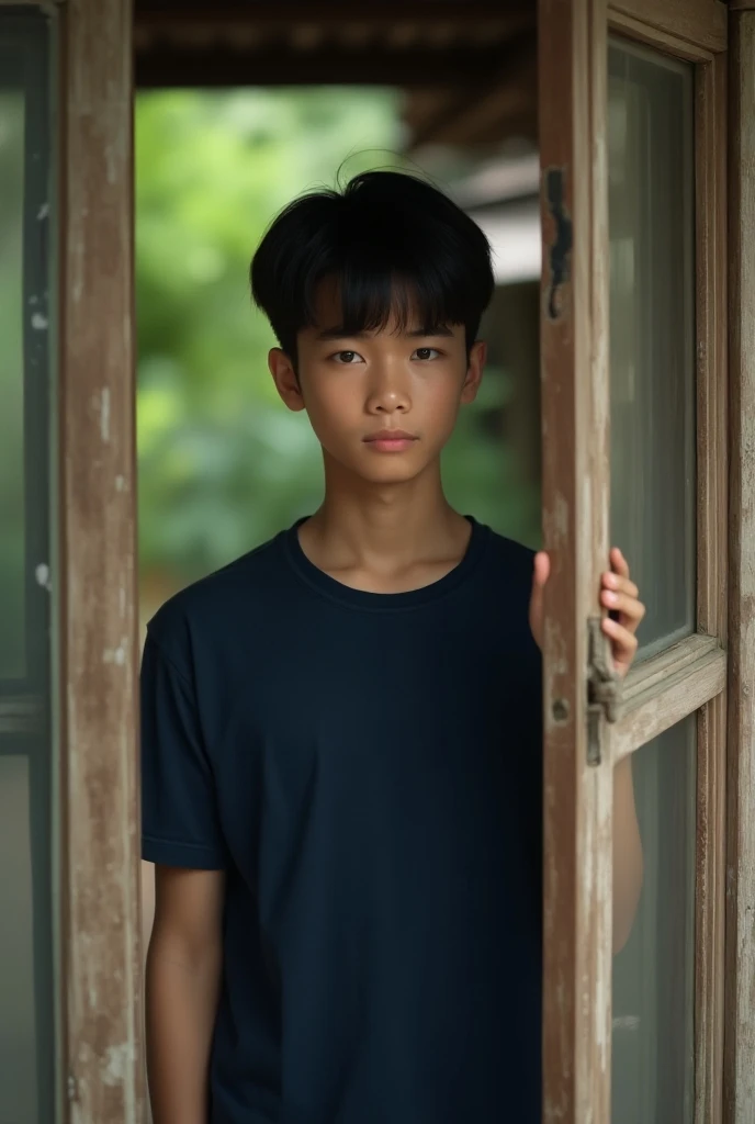 Indonesian teenager,Handsome face, , wearing a dark blue t-shirt, opens an striped wood old, typical Indonesian window,background of the morning atmosphere of a simple Indonesian house yard,very realistic, best details, very natural, cinematic, best illust...