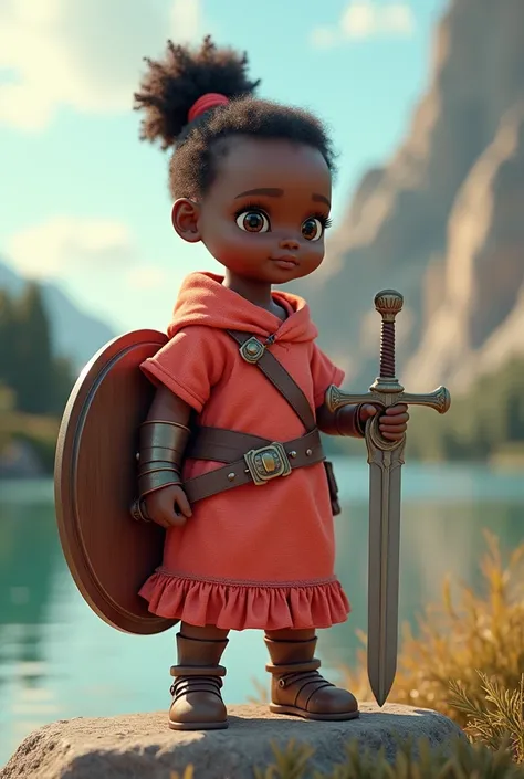 
3d drawing of a black baby girl in coral clothes holding a shield and a sword. with a river behind