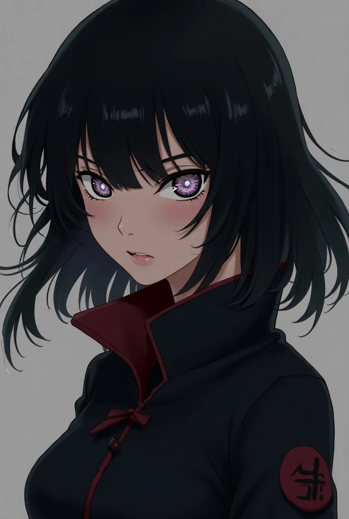 A carecter with gojo hair but black color her dress is toman uniform her eyes is suske mangekyu sharingan her face shape is gojo her attitude like draken