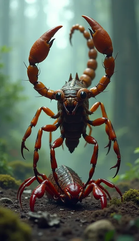 On the forest floor, the fierce, victorious scorpion stands tall with one claw raised in triumph, its tail still coiled with venom ready to strike. Its sharp leg is firmly planted on the lifeless body of the defeated red carnivorous ant, which lies motionl...