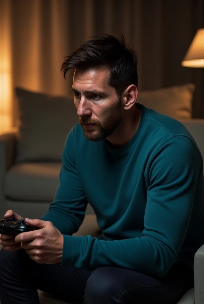 A photo of Messi playing video games
