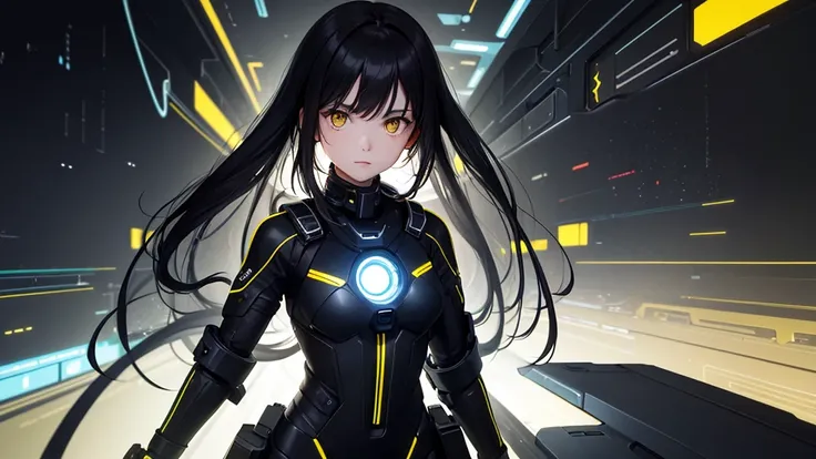 from future intelligence, technology background, complex mission, sudden mystery, unexpected result, unknown variables, strange data, confident look, space black pioneer dress, yellow eyes, black hair