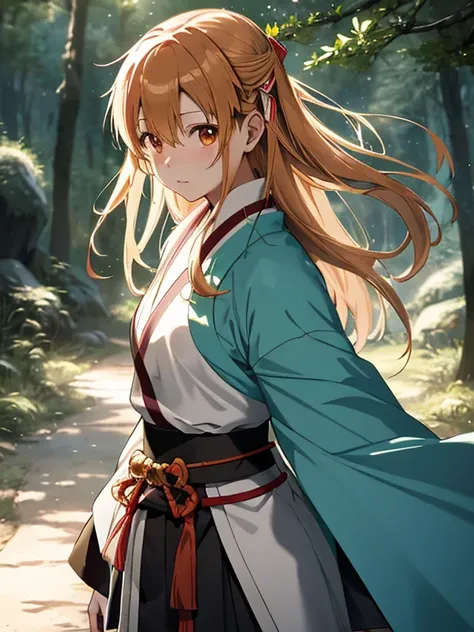 Light in the Forest, samurai, Sword Master, ( Asuna Yuki_ sword art online ),  cowboy shot, UHD, retina, masterpiece, accurate, anatomically correct, textured skin, super detail, high details, high quality, best quality,  highres icon, 8k