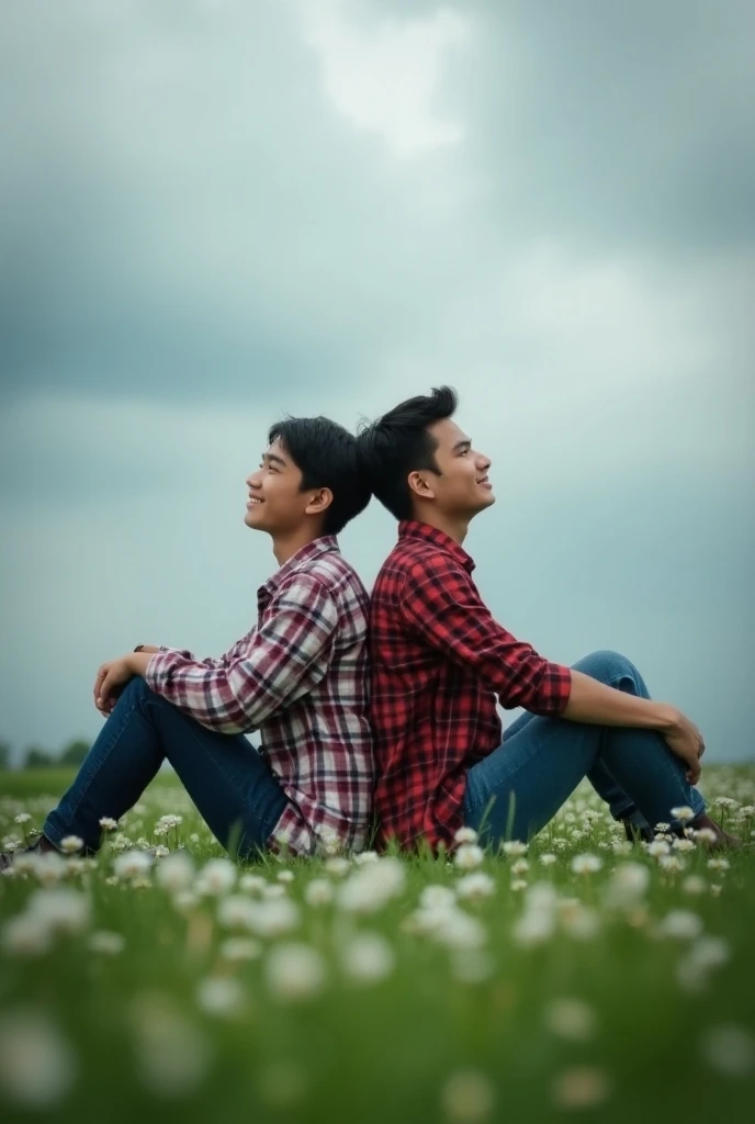 photo an Indonesian lovers , 20 years old,  wearing flannel and denim pants ,  they sit with their backs to each other ,  their faces are clean accompanied by a sweet smile,  sitting on a stretch of green grass ,  some small flowers of white color, dramati...