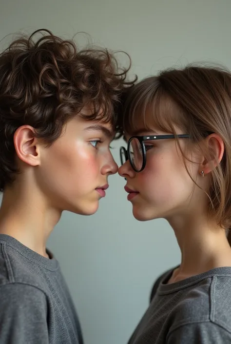 Realistic photography of Duas russian twin teenagers brother and sister both facing opposite directions de costas uma para a outra, the boy on the left with short hair with brown curls and the fragile but muscular girl on the right with glasses and brown h...