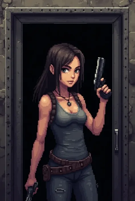 8bit pixel art female character,Resident Evil style, 3/4 perspective, chest up view, looking right, holding gun in attack pose, inside a metallic frame with steel texture