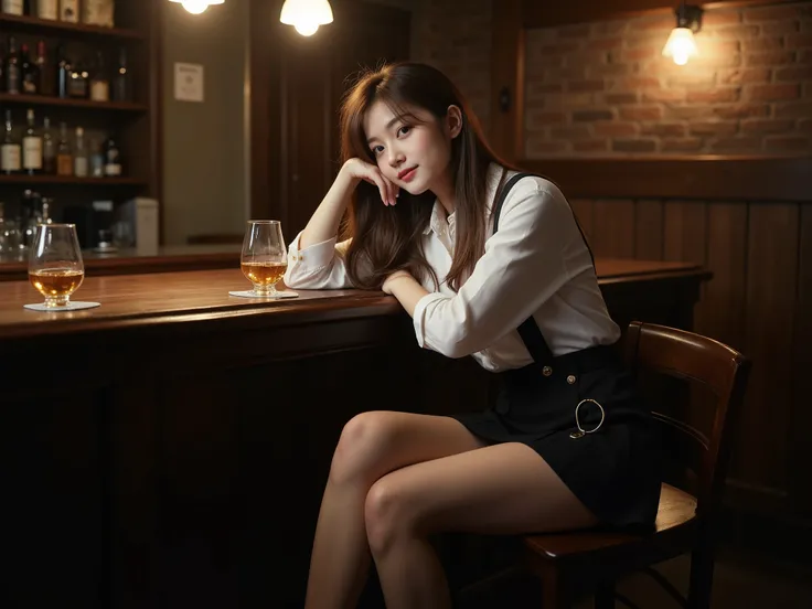 A highly realistic image of a korean girl with long hair wearing white shirt and black miniskirt sitting in a dark bar drinking whiskey,  In an empty and dimly lit whiskey bar in korea. she slumps over a worn wooden counter, her hand loosely grips a glass ...