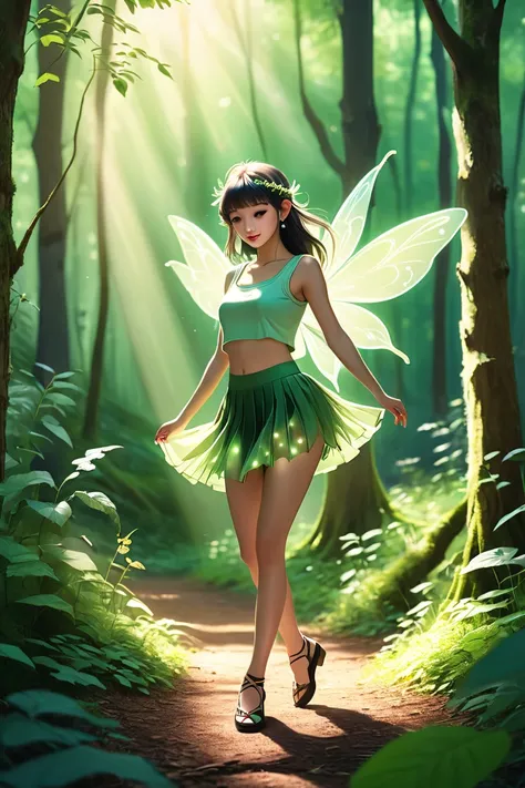  ultra fine photo style, Light in the Forest, fairies dancing, wearing cropped tops and short skirt