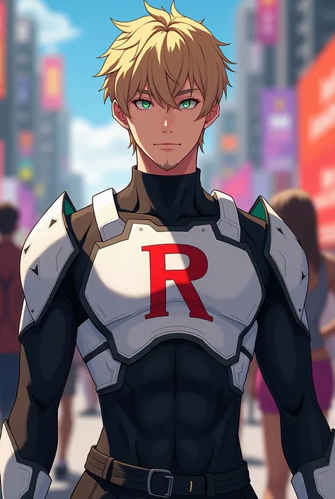 1 Male, 20 years old, wearing white crop top armor with a red R on it over a black body suit. green eyes, short blonde hair, van dyke facial hair. Anime convention background. 