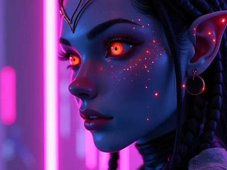 scifi and future face from the side girl from avatar movie, 3d effect with purple color and neon color and give me width 1200 px and height 720 px