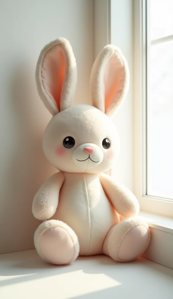 cute little rabbit,stuffed animal,Plush doll artwork,Simple clean white,background,Studio lighting,C4D,minimalist style,realistic detail rendering，Sitting by the window，8k, best quality,masterpiece，ultra-detailed， --ar 3:4 --stylize 250 --v 6.1