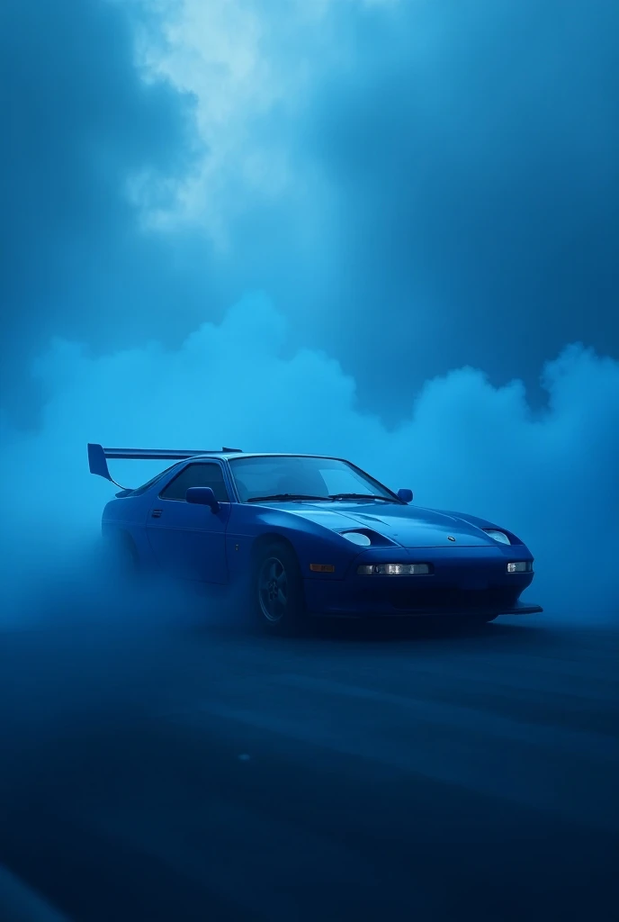 A frightening blue Porsche 928 with rear spoiler There should be dark blue clouds of smoke in the background, It should be dark