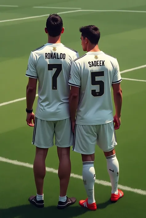 
 Cristiano Ronaldo with someone wearing the Real Madrid kit with Sadeek written on the back of the shirt
