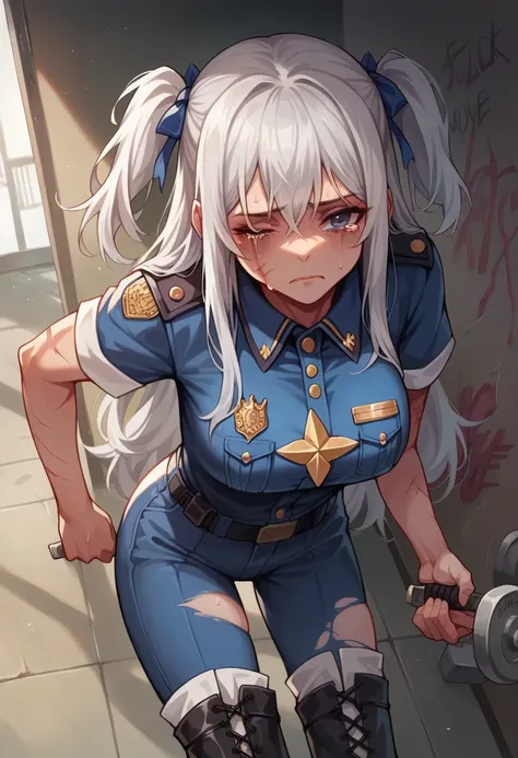 policewoman,uniform, long pants,thigh high boots,(Best Quality), (masterpiece), high res, All details,  COMPLETE ANATOMY, Realistic, (two side up), Long Hair,  silver hair,(Skin wounds, Scarred skin, Bleeding skin,  torn clothes),Clothing,Porn Warning, Alo...