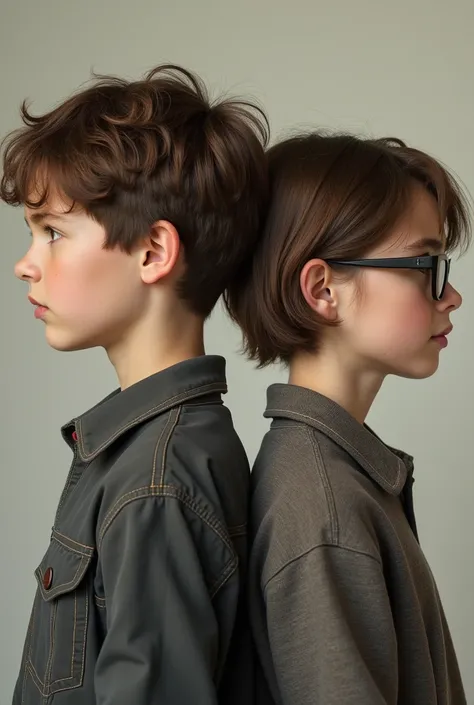 Realistic nu photography of Duas russian twin teenagers brother and sister both facing opposite directions de costas uma para a outra, the boy on the left with short hair with brown curls and the fragile but muscular girl on the right with glasses and brow...