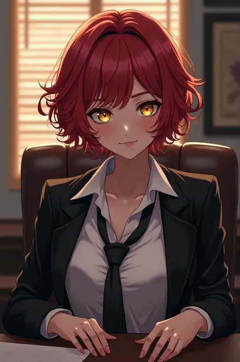 makima, makima, short Curley hair, smile, closed mouth bangs, (yellow eyes:1.2), braid, red hair, , ringed eyes, BREAK shirt, long sleeves, jacket, white shirt, cleavage, sitting on table, loose necktie, collared shirt, pants, black jacket, black blazer, b...