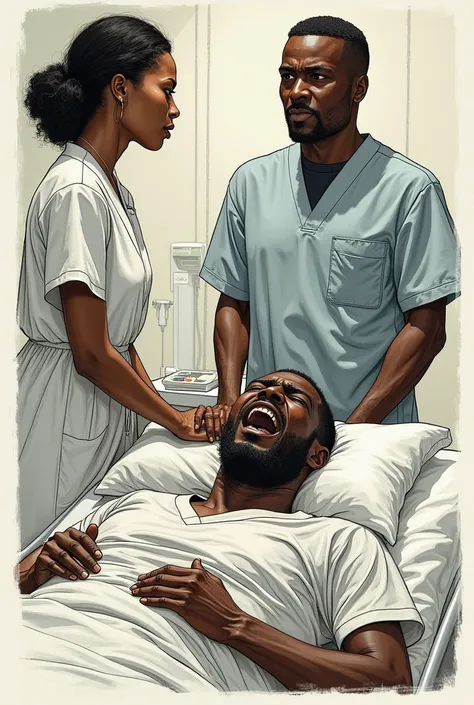 Create a comic strip about a nurse and a male african with his wife at his side 
 while the patient aching, grimacing in pain 