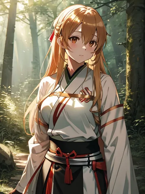 Light in the Forest, samurai, ( Asuna Yuki_ sword art online ),  cowboy shot, UHD, retina, masterpiece, accurate, anatomically correct, textured skin, super detail, high details, high quality, best quality,  highres icon, 8k