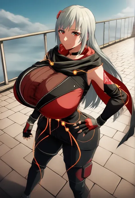 score_9, score_8_above, score_7_above, source_animated, BREAK 1girl,  looking at the viewer , smile,  hand on hip, DefKasane , long hair,  hair ornament , choker, black jacket, Gigantic breasts gigantic black scarf , red cape,  Separate sleeves , cables, r...