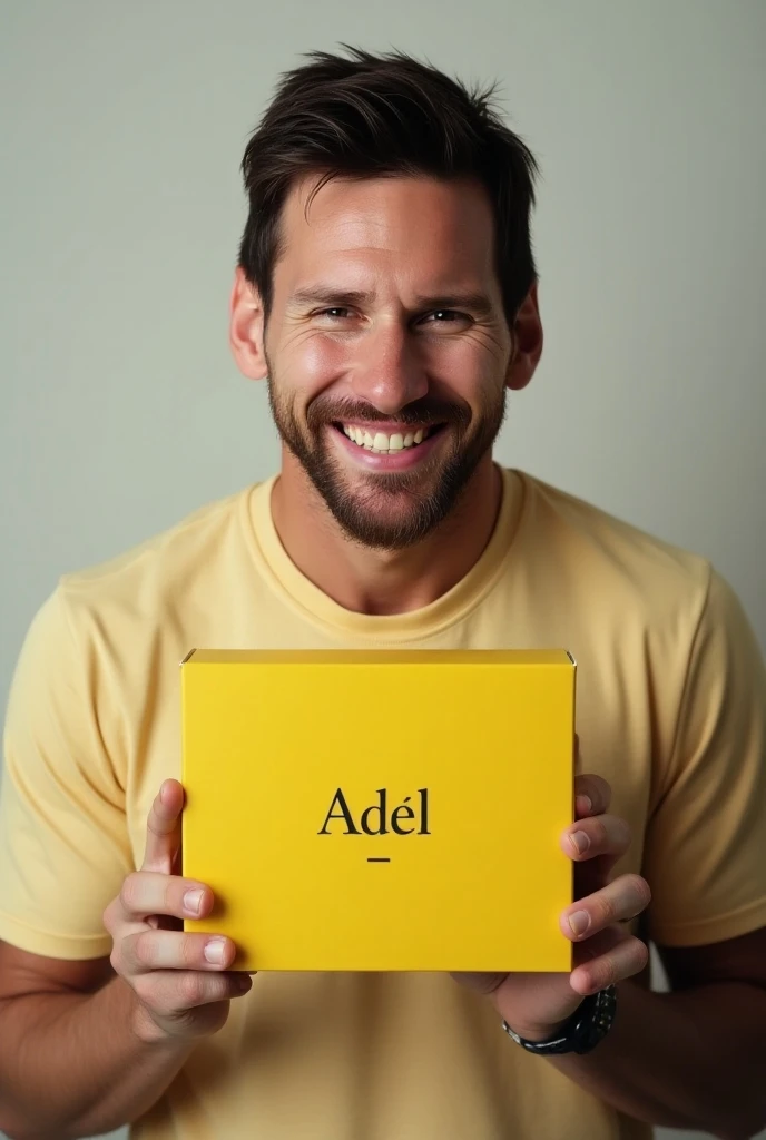 Lionel Messi with a cold ,  smiling and holding a yellow box in his hand that says Adel