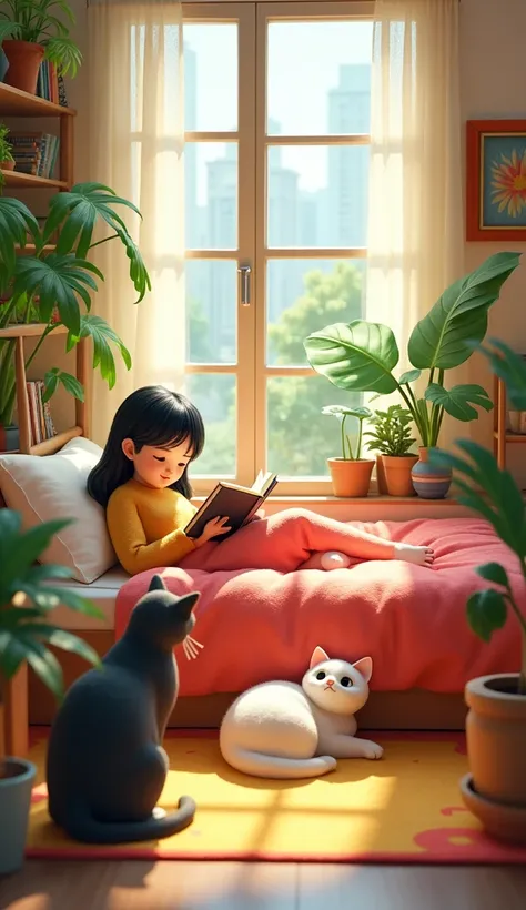 Cute Wool Felt World, Life of a Chinese Girl and a Black slight Cat and a white fat Exotic Shorthair in an Apartment, Mid shot,In the bedroom, the girl is lying in bed reading, the black cat is sitting in front of the bed reading her, and the chubby white ...