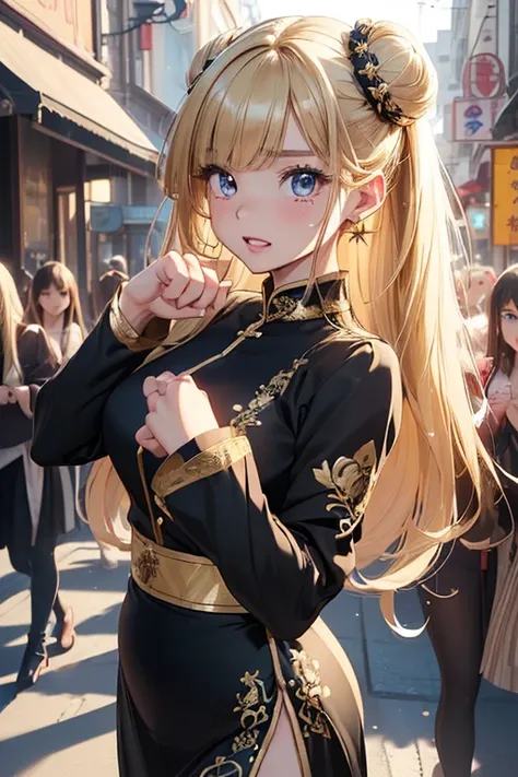  girl posing for a photo,  cute girl, (( one girl playing pranks)), ((baby face:1.4)), ((cute:1.4)), 
break 

((Black long Chinese dress:1.2) : ( gorgeous gold embroidery all over :1.2) + ( high neck) + ( Long Sleeve ) + ( wide sleeve) + ((Long skirt with ...