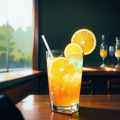  lofi chill lemon soda、lemon squash 、 Cyber、colorful、Drinks only 、 Drinks only on the desk、A glass is a cocktail glass