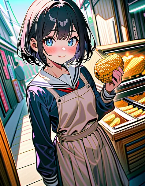 (8K, best quality, master piece: 1.2),super high resolution,best quality,1 girl,14yo,solo,ultra-detailed face,detailed eyes,Dark blue eues,short hair,black hair,mascara,the girl holdinga a grill corn,standing,smile,long sleeve school uniform, sailor suit,a...