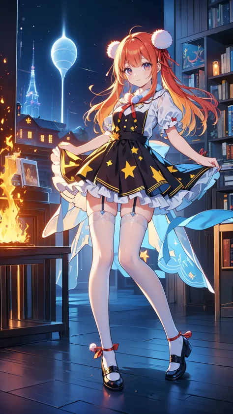 ( full body, legs and shoes visible: 1.2))  expressive eyes , woman, Pale skin, Long Hair,  hair fluttering like the wind, ((Long Hair)), long side lock , Princess Bangs, Hair bangs, Hair Bun, ((Long twin hair)),  Flaming Hair, Red Hair,  blanking in books, full face  blanking in books, Big Sparkling Red Eyes , ( gradient eyes),  open your mouth and smile, cute pose, Flowing, fiery dress, (( Crimson Multicolor Open Dress )), (mist), Orange Frills, Yellow Frill, ( Light Red Lace ), Removable short sleeves,  Fluffy skirts , ((Fire and Star Print Skirt : 1.3)), ****There is a skirt。, Dark red bow, ((Pompom ribbon hair accessory : 1.4)), Multiple Bows,  Striped Lace Stockings , (Heart-shaped leg garters), cute (Deep Orange) shoes (( Highly Detailed Clothing and Fashion ))  is watching you, ,  blanking in books, (  beautiful eyes with beautiful details ), ( Extremely Detailed CG Unity 8K Wallpaper) ( best shadow ), (( very delicate and beautiful)), (Detailed light), (( faces with a depth of writing )) Big Head, Big, bright eyes, Moe,  Splash Art ,  Movie Lighting, Front View,  Volumetric Lighting Extremist Photo Illustration with 64k Resolution Complex and Detailed Key Visuals Accurate Linear ((With a dark palace in the background, surrounded by expensive decorations,  shooting stars )) ((Ultra detailed views ,  foggy ,  Darkness : 1.3))
