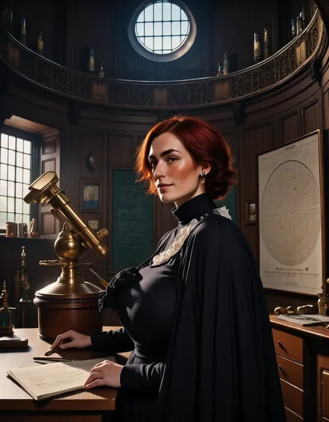 Photorealistic, cinematic style, a picture of a beautiful British woman is operating an ancient telescope in a rustic observatory. A round stonework room with a domed ceiling, ceiling has a hole for observation. On a pedestal a large brass telescope. Walls...