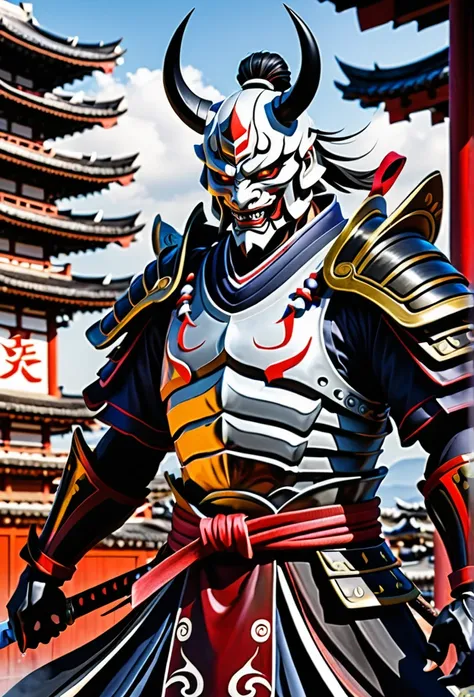 (demon samurai)、(Wearing a demon mask)solo man, glowing red eyes、Like the whole body、(cyborg Armed with a long sharp knife)、Stand facing the front,magnificent artwork、((Kyoto Panel Painting Style))、Wind-effect:1.9、Cloud Effects:1.2、Full Rendering、Encaustic...