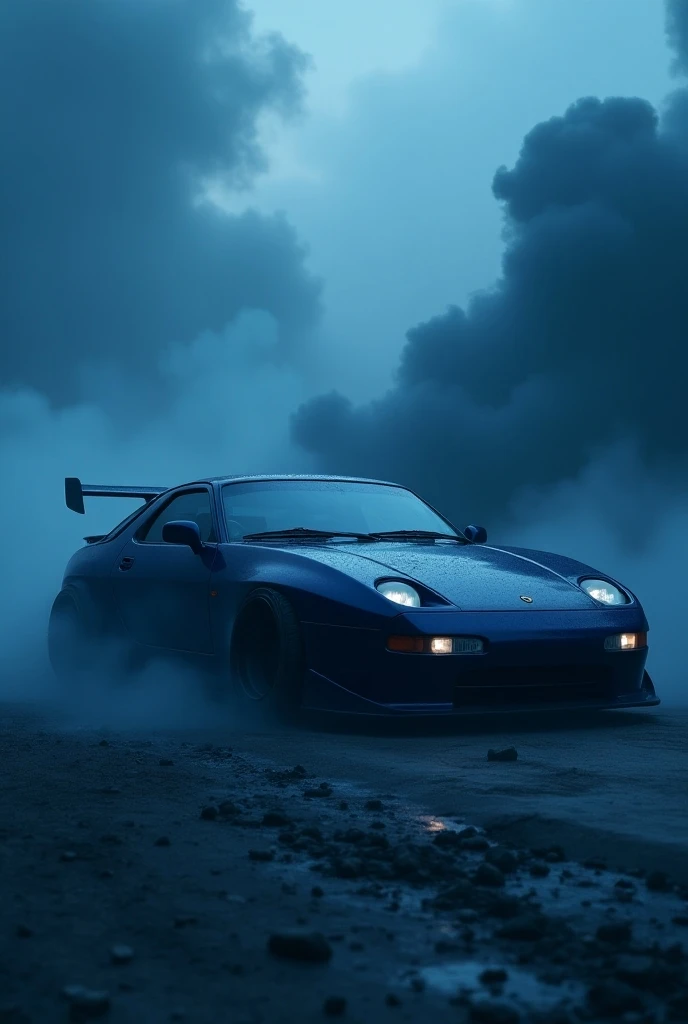 A scary , very large blue Porsche 928 with rear spoiler There should be dark blue smoke clouds in the background, It should be dark