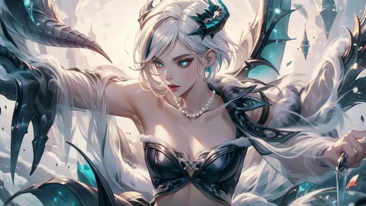 8k, masterpiece, best quality, highly detailed, 1 girl, devil, demon horns, warlock, pixie cut, white hair, multicolored hair, very short straight hair, red highlight hair on white hair, stippled hair, wearing glasses, round glasses, earrings, navel pierci...