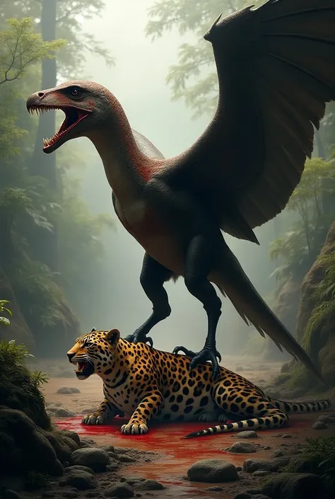  pterosarus killing jaguar and standing at the chest of dead bloody jaguar 